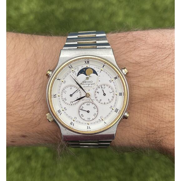 Seiko Other - Vintage Seiko Sports 100 Moon Phase Chronograph Two Tone Quartz Watch 7a48 7009